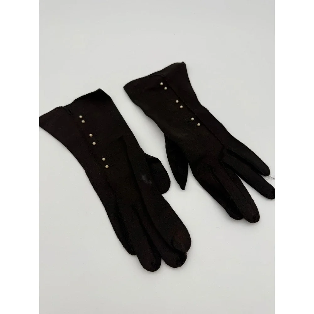 Vintage Lady Gay Black Stretch Nylon Gloves Size 7 Pearl Button Mid Century